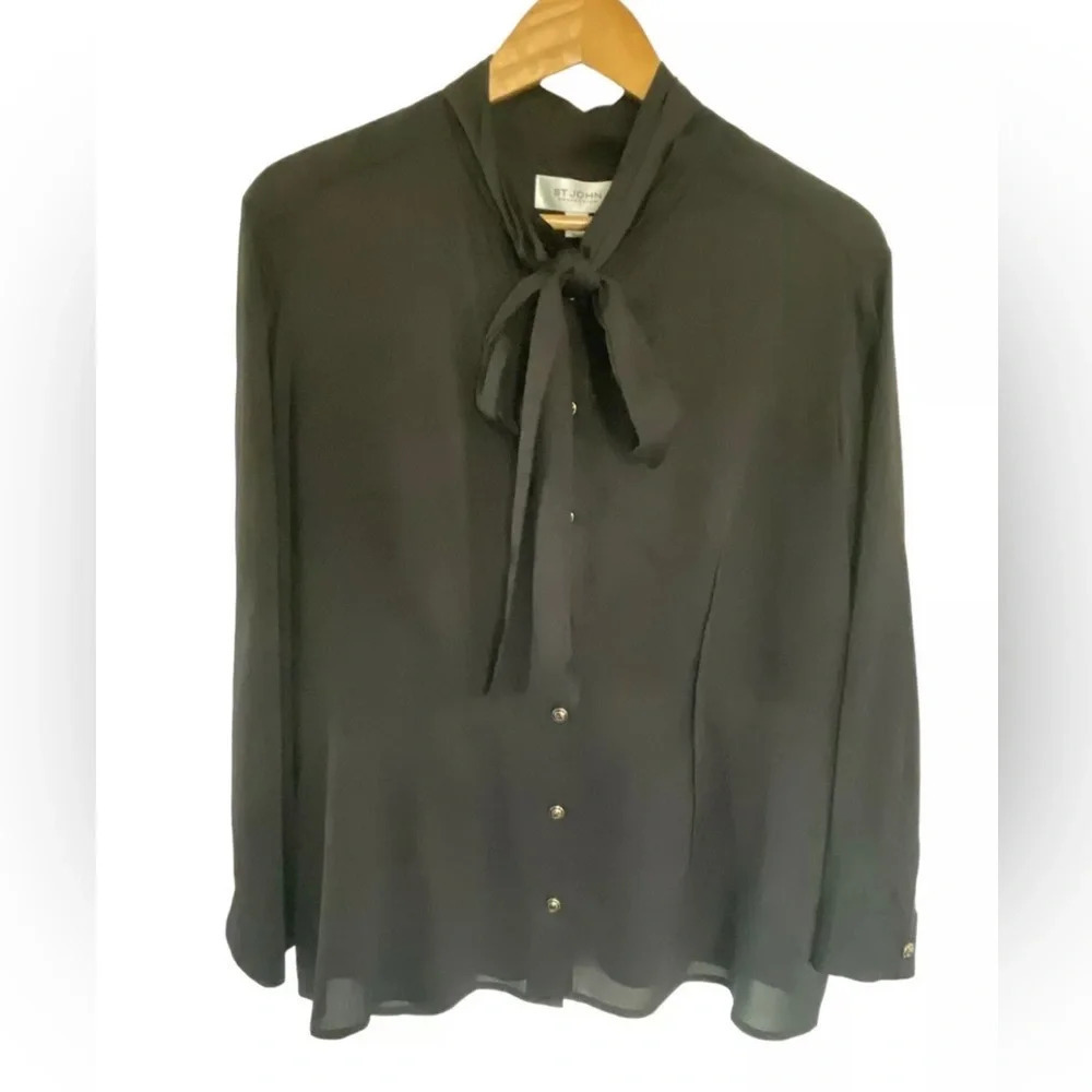 ST JOHN Black Button Up Blouse Sheer Long Sleeve Size XL Business Preppy New